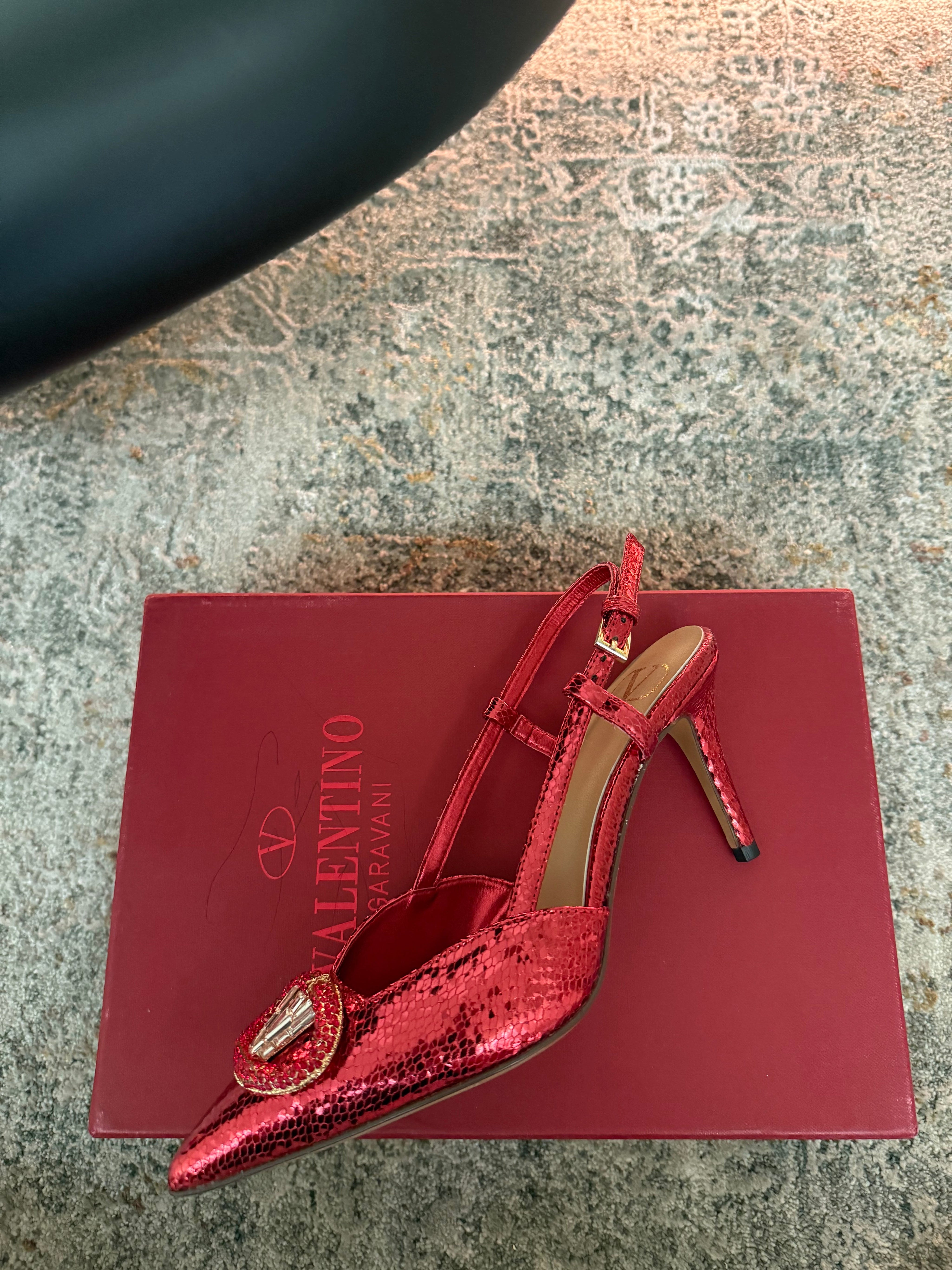 VALENTINO 26S SLINGBACKS 75 MM IN METALLIC RED SNAKESKIN
