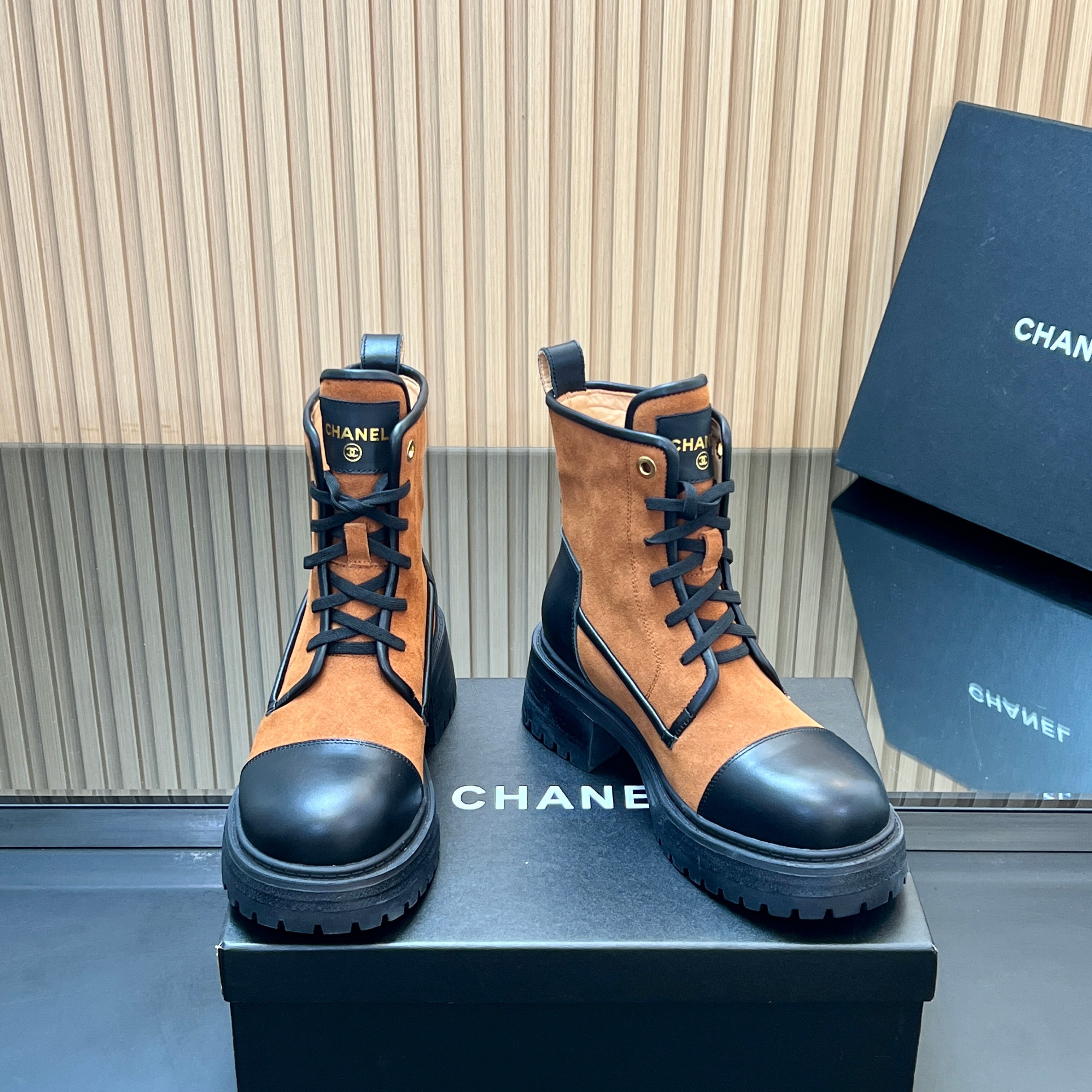CHANEL 25S LACE-UP ANKLE BOOTS IN DARK CARAMEL SUEDE AND BLACK CALFSKIN