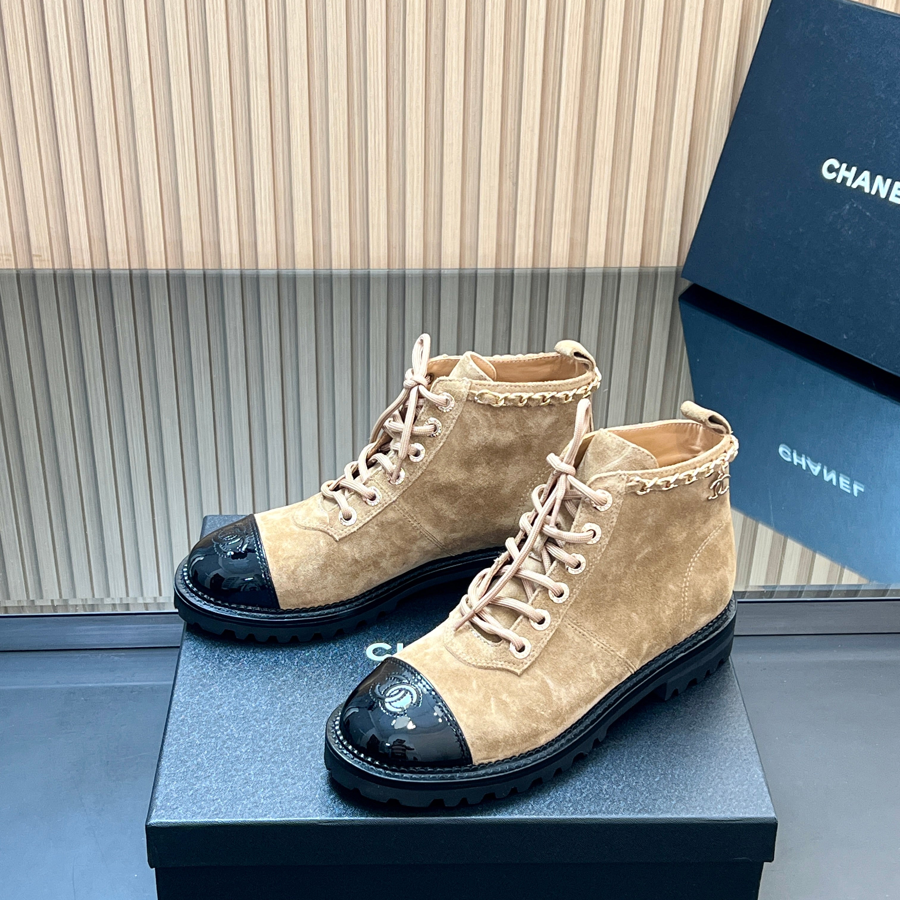 CHANEL 25S MARTIN LACE-UP BOOTS WITH CHAIN DETAIL IN LIGHT BROWN SUEDE