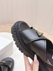 PRADA 25S SANDALS IN BLACK CALFSKIN LOGO GOLD HARDWARE