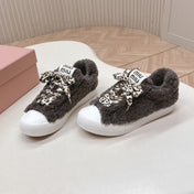MIUMIU 25S SNEAKERS IN DARK BROWN SHEARLING WITH LEOPARD-PRINT LACES