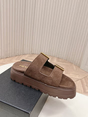 PRADA 26S DOUBLE STRAP PLATFORM SLIDES SANDALS IN BROWN SUEDE