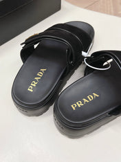PRADA 26S DOUBLE STRAP PLATFORM SLIDES IN BLACK CALFSKIN WITH VELCRO