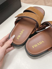 PRADA 26S DOUBLE STRAP PLATFORM SLIDES IN CARAMEL BROWN CALFSKIN WITH VELCRO