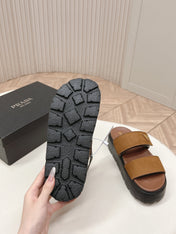 PRADA 26S DOUBLE STRAP PLATFORM SLIDES IN CARAMEL BROWN CALFSKIN WITH VELCRO