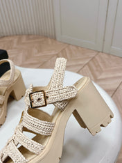 PRADA 26S HEELED FISHERMAN SANDALS IN BEIGE RAFFIA AND CALFSKIN