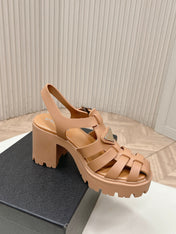PRADA 26S CAGED PLATFORM HEEL SANDALS IN CARAMEL BROWN CALFSKIN