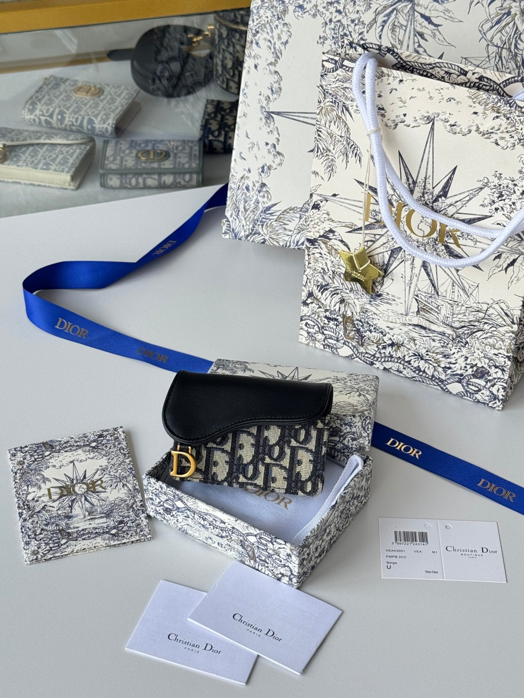 DIOR 25S SADDLE JASMINE GUSSET CARD HOLDER 10 IN BLUE BLACK OBLIQUE JACQUARD CANVAS AND CALFSKIN