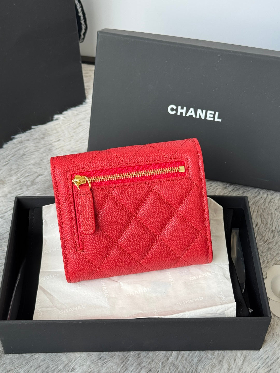 CHANEL 25S CF SMALL TRI FOLD WALLET 11 IN VIVID RED CAVIAR GOLD HARDWARE