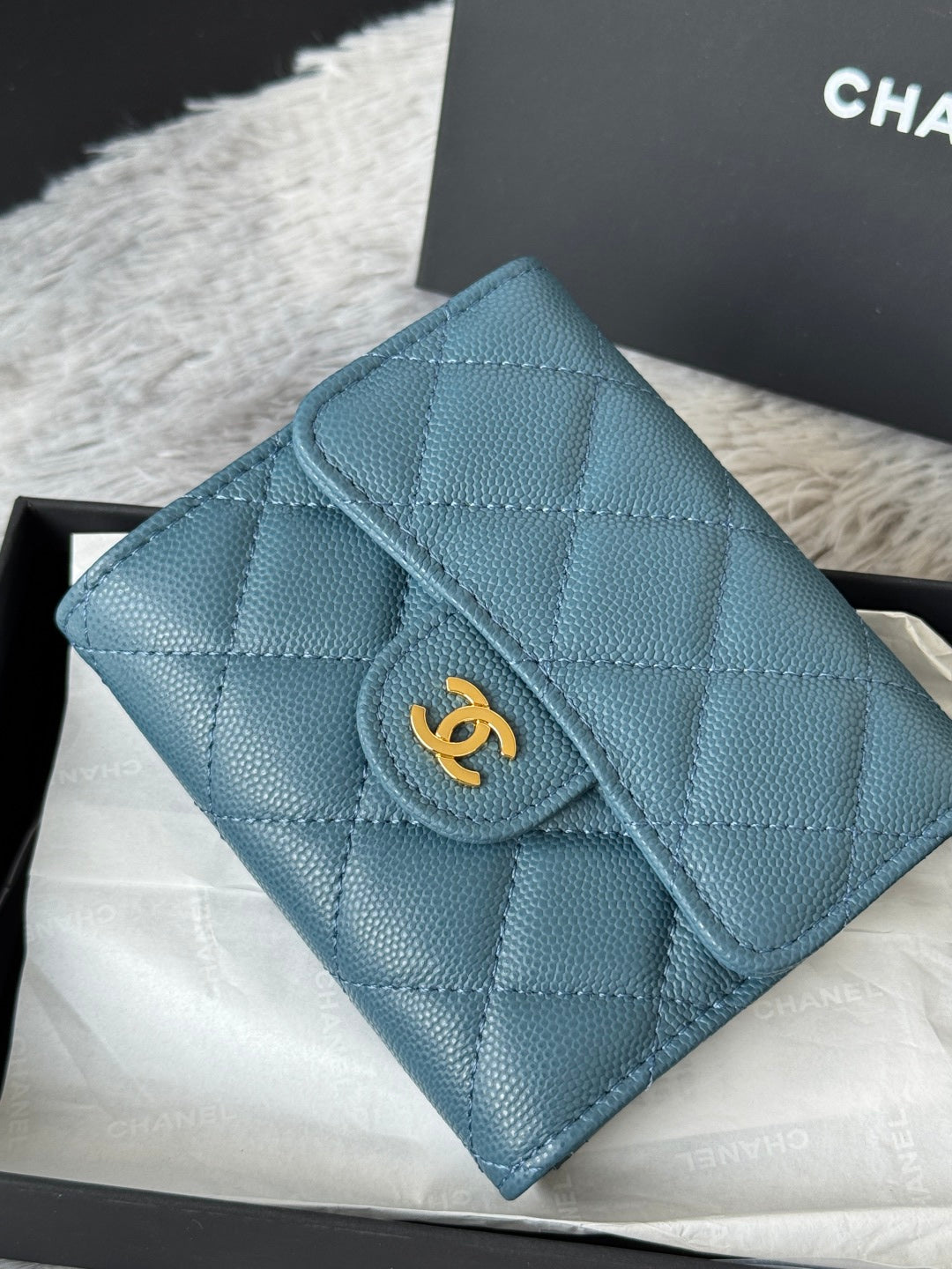 CHANEL 25S CF SMALL TRI FOLD WALLET 11 IN SLATE BLUE CAVIAR GOLD HARDWARE