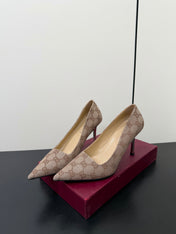 GUCCI 26S POINTED TOE PUMPS 85MM IN BEIGE BROWN CANVAS GG MONOGRAM