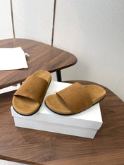 THE ROW 26S SLIDE SANDALS IN GOLD BROWN SUEDE