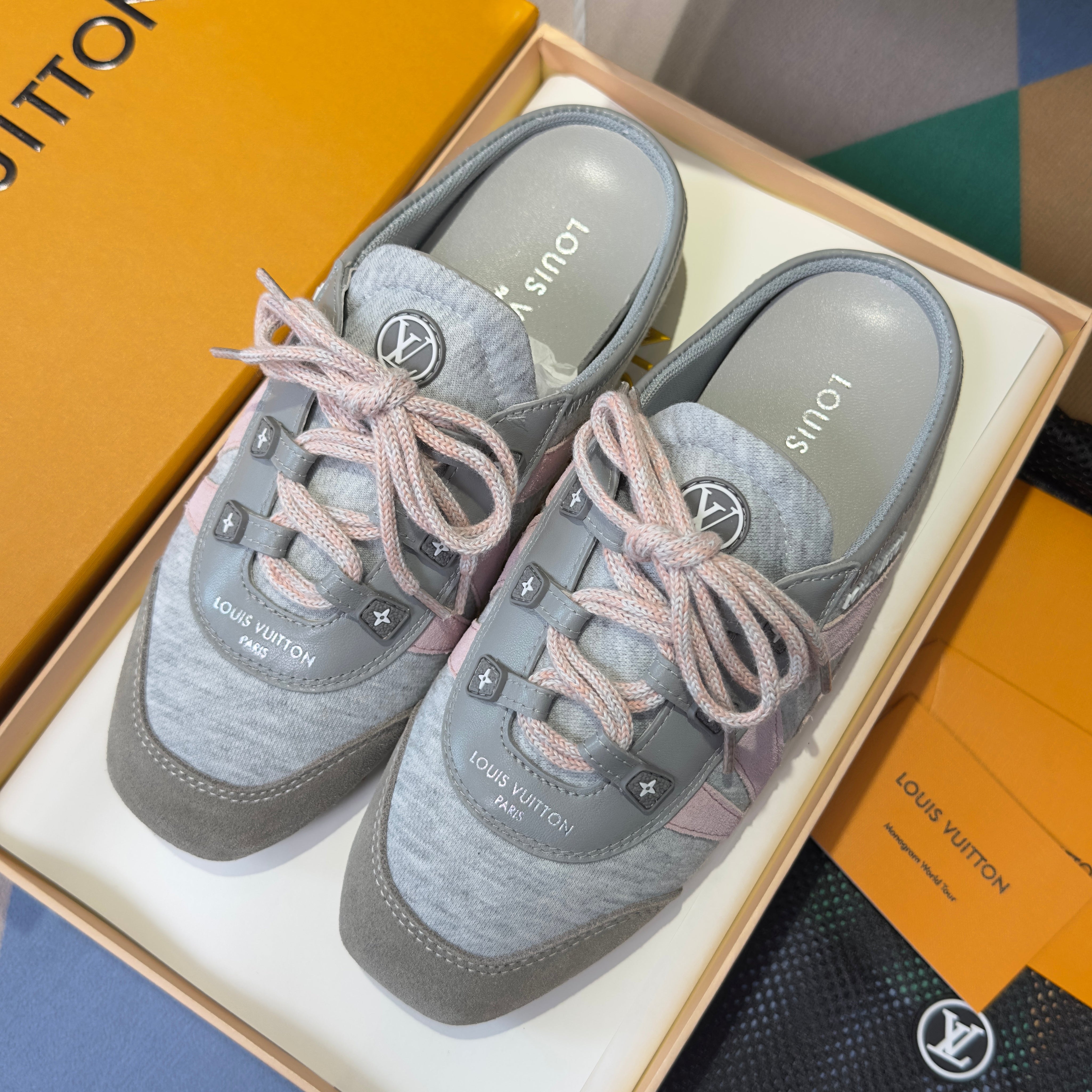 LV 26S SNEAKERINA OPEN BACK SNEAKERS IN GREY PINK FABRIC AND SUEDE