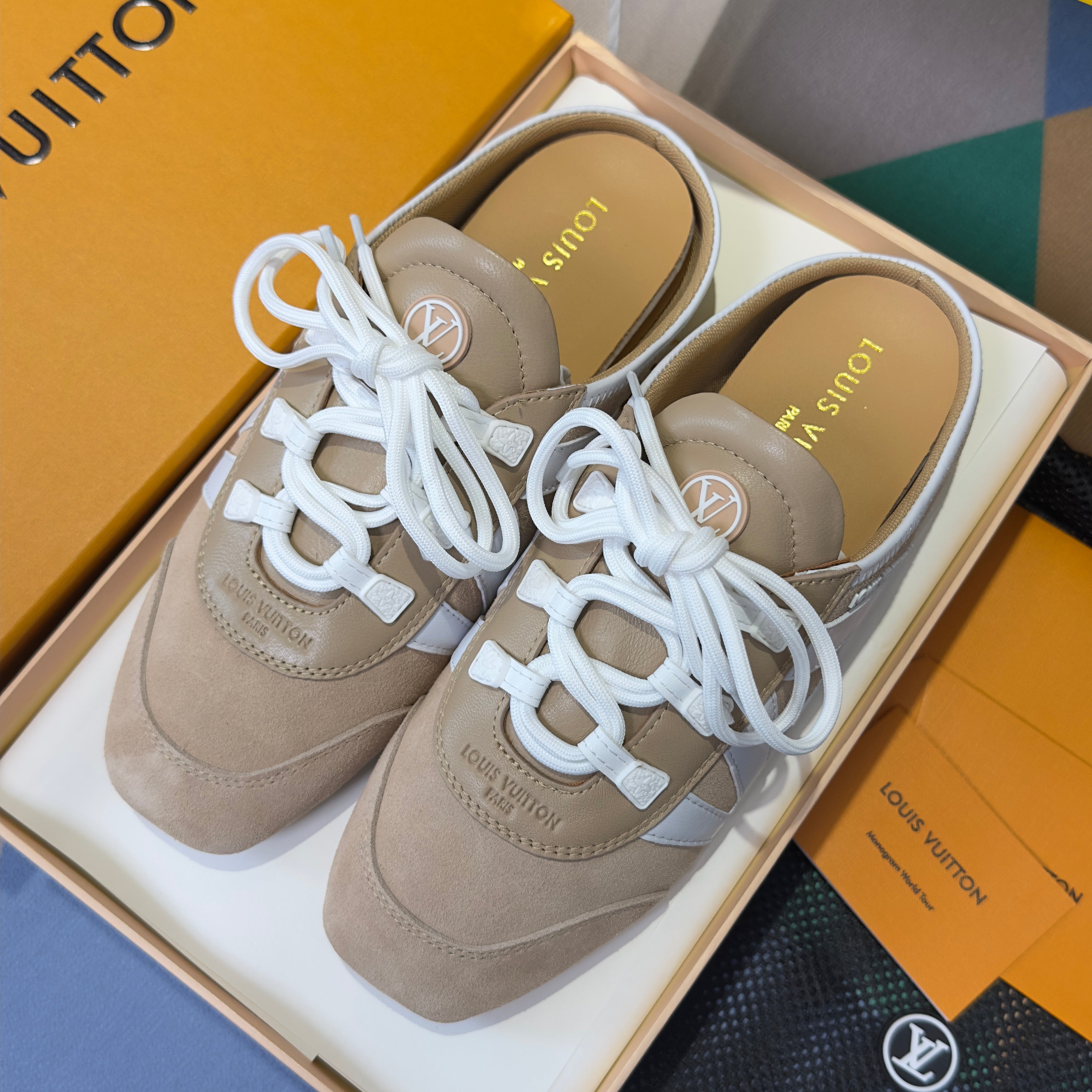 LV 26S LACE UP MULE SNEAKERS IN LIGHT BROWN SUEDE AND CALFSKIN