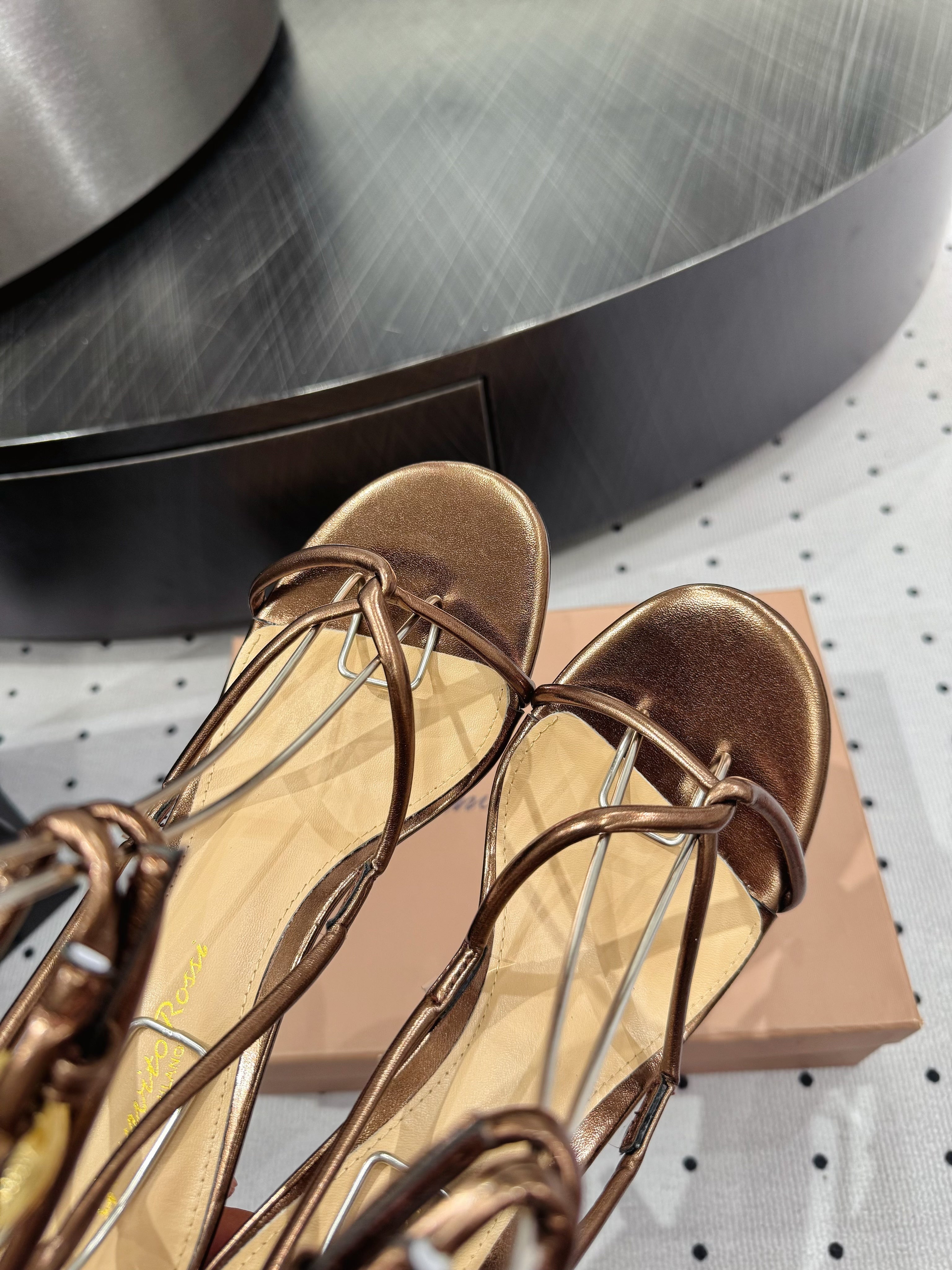 GIANVITO ROSSI 26S LACE-UP HEEL SANDALS 85 MM IN METALLIC COPPER LAMBSKIN