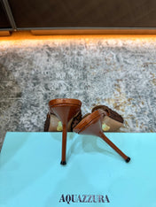 AQUAZZURA 26S HIGH-HEEL SANDALS 105 MM IN BROWN PATENT CALFSKIN AND MESH