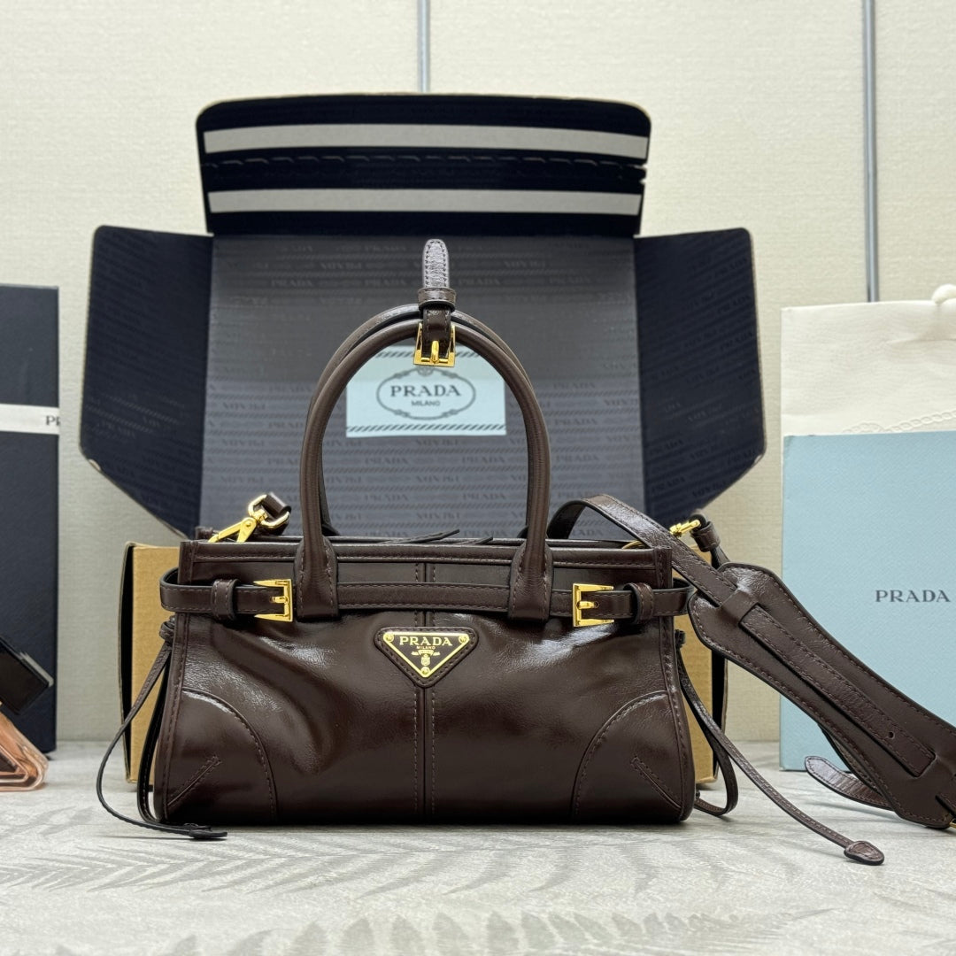 PRADA 25S BONNIE MINI HANDBAG 23 IN DARK BROWN CALFSKIN GOLD HARDWARE