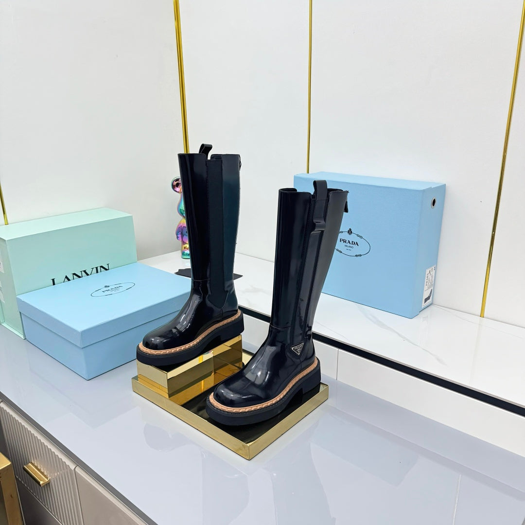 PRADA 25S TALL CHELSEA BOOTS 50MM IN BLACK GLOSSY CALFSKIN