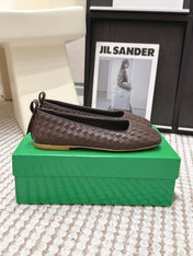 BOTTEGA VENETA 26S SQUARE-TOE FLATS IN DARK BROWN TECHNICAL WOVEN LAMBSKIN