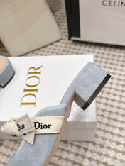 DIOR 26S CLOSED-TOE LOW-HEEL MULE IN LIGHT BLUE SUEDE WITH BOW