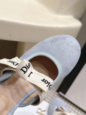 DIOR 26S CLOSED-TOE LOW-HEEL MULE IN LIGHT BLUE SUEDE WITH BOW