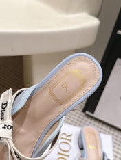 DIOR 26S CLOSED-TOE LOW-HEEL MULE IN LIGHT BLUE SUEDE WITH BOW