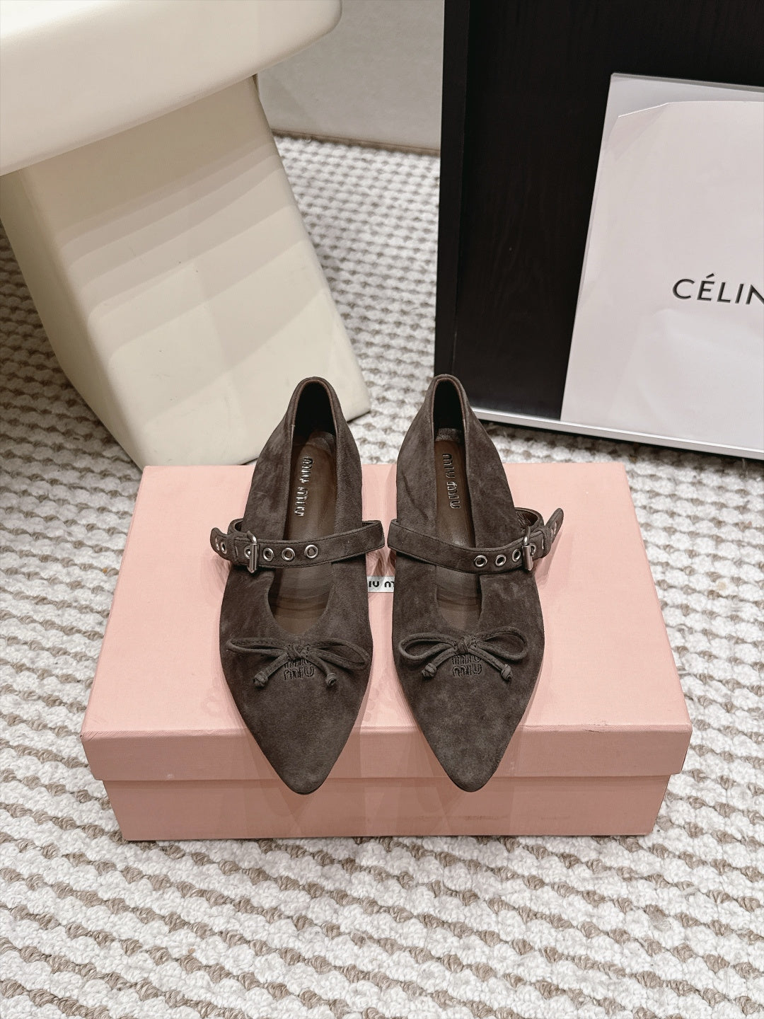 MIUMIU 26S MARY JANE BALLET IN TAUPE BROWN SUEDE WITH BUCKLE STRAP