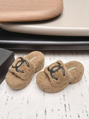 CHANEL 26S HIGH HEEL MULES IN BEIGE BLACK SHEARLING