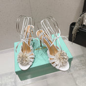 AQUAZZURA 26S HIGH-HEEL SANDALS 100 MM IN WHITE WOVEN RAFFIA