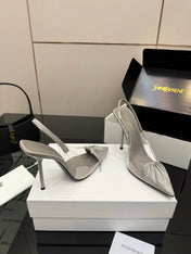 YSL 26S PLEATED SLINGBACK HEELS 105 MM IN GREY GLOSSY CALFSKIN AND PVC