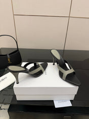 YSL 26S POINTED-TOE SANDALS 90 MM IN GREY AND BLACK CALFSKIN