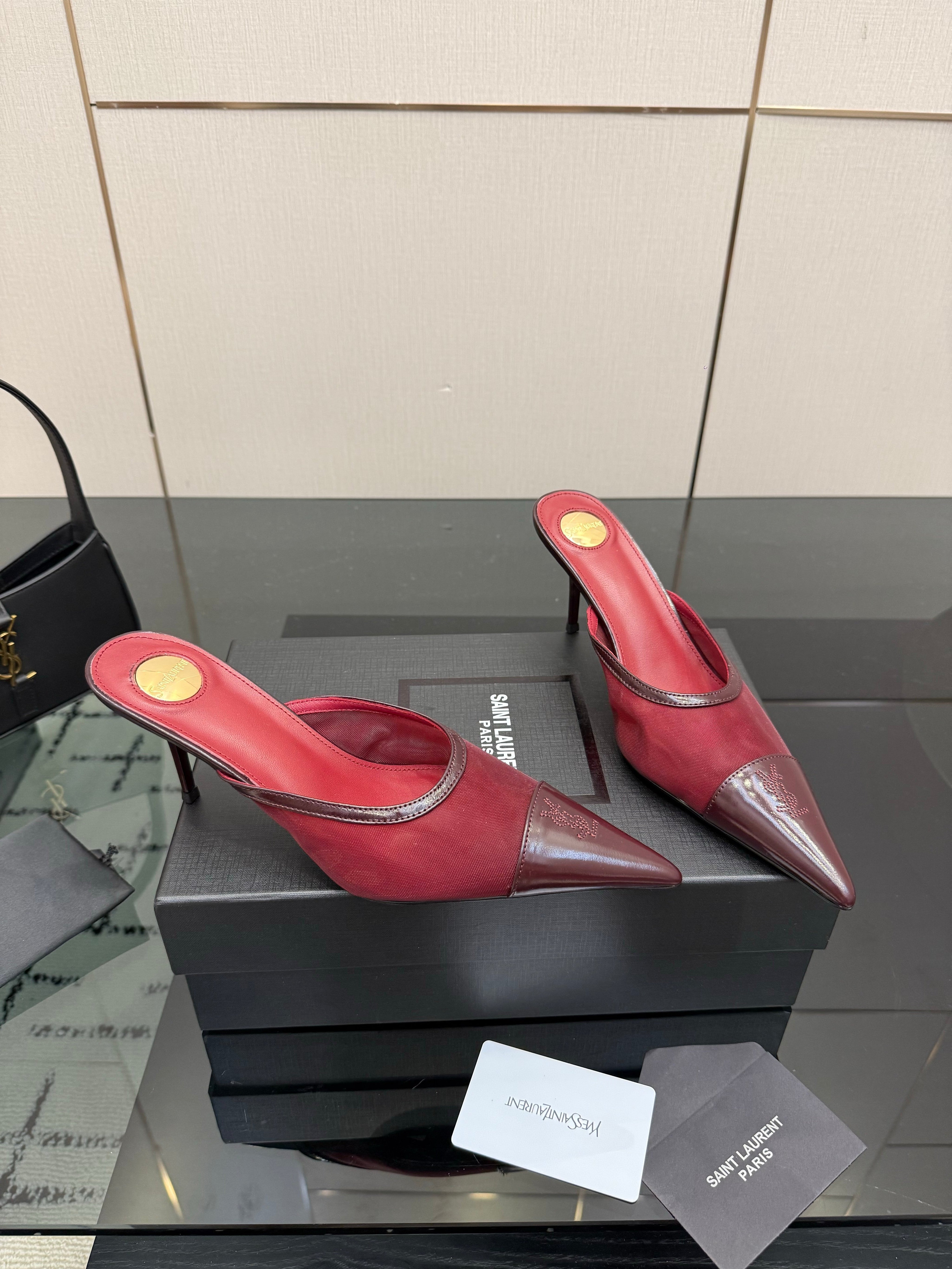 YSL 26S HIGH-HEEL MULES IN DARK RED CALFSKIN AND MESH FABRIC