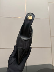 YSL 26S HIGH-HEEL MULES IN BLACK CALFSKIN AND MESH FABRIC