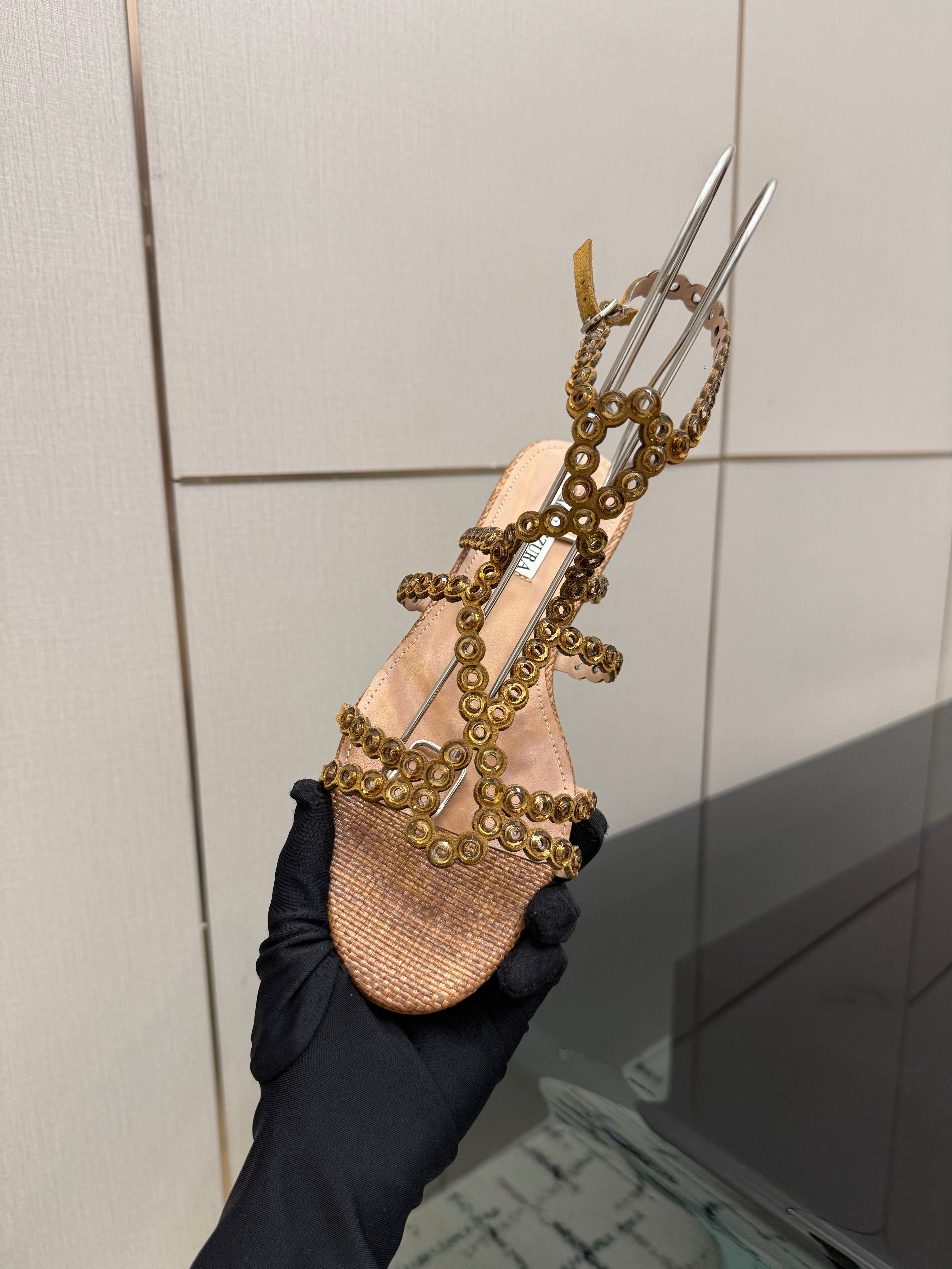 AQUAZZURA 26S ANKLE-STRAP SANDALS IN BROWN WOVEN FABRIC