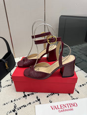 VALENTINO 26S SQUARE TOE ANKLE STRAP SANDALS IN DARK RED CROC-EMBOSSED LEATHER
