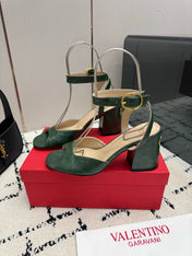VALENTINO 26S SQUARE TOE ANKLE STRAP SANDALS IN DARK GREEN CROC-EMBOSSED LEATHER