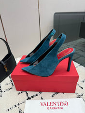 VALENTINO 26S POINTED-TOE SLINGBACKS IN TEAL BLUE SUEDE