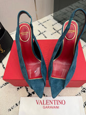 VALENTINO 26S POINTED-TOE SLINGBACKS IN TEAL BLUE SUEDE
