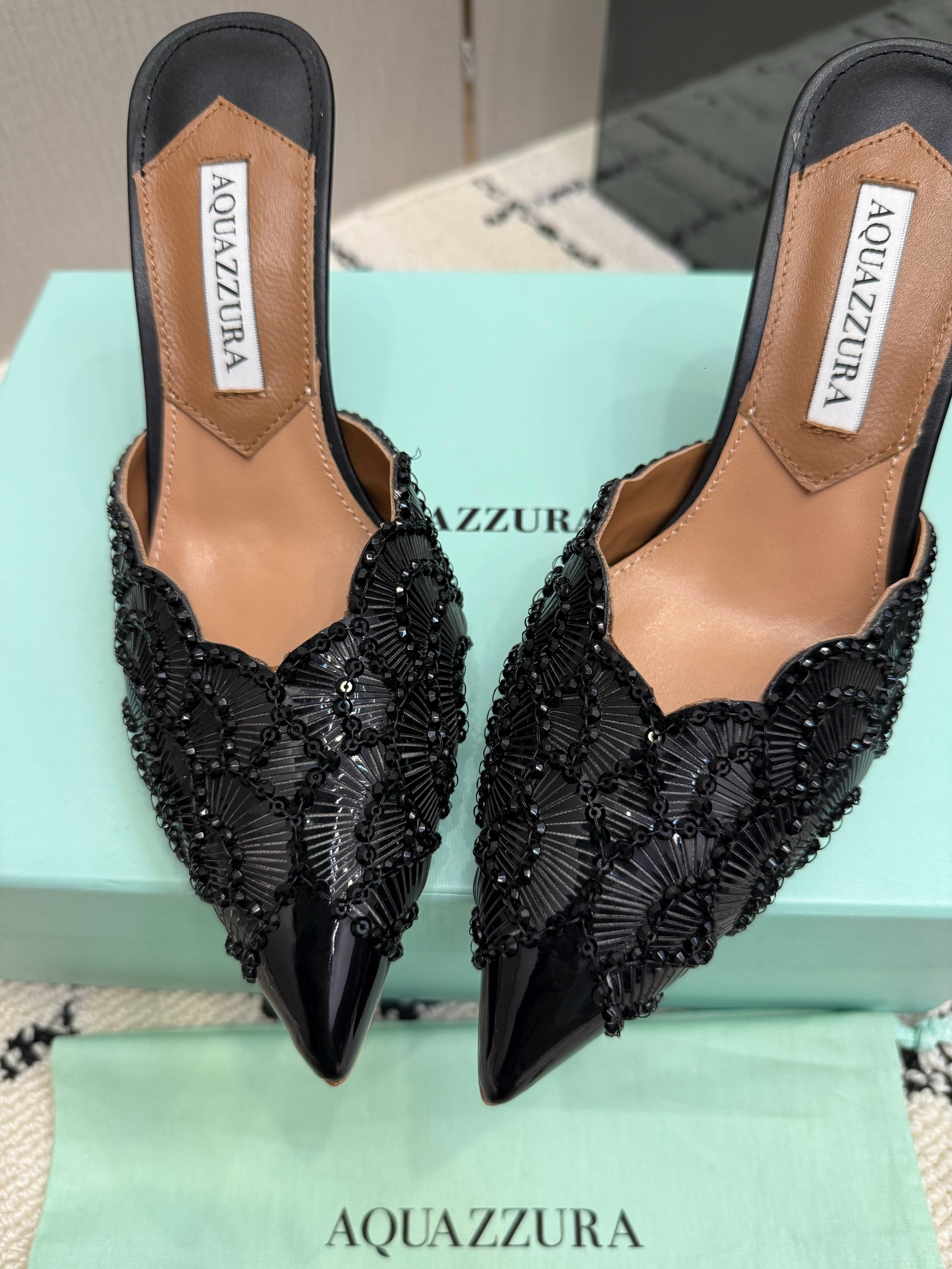 AQUAZZURA 26S HEEL MULES 85 MM IN BLACK SEQUIN AND CALFSKIN