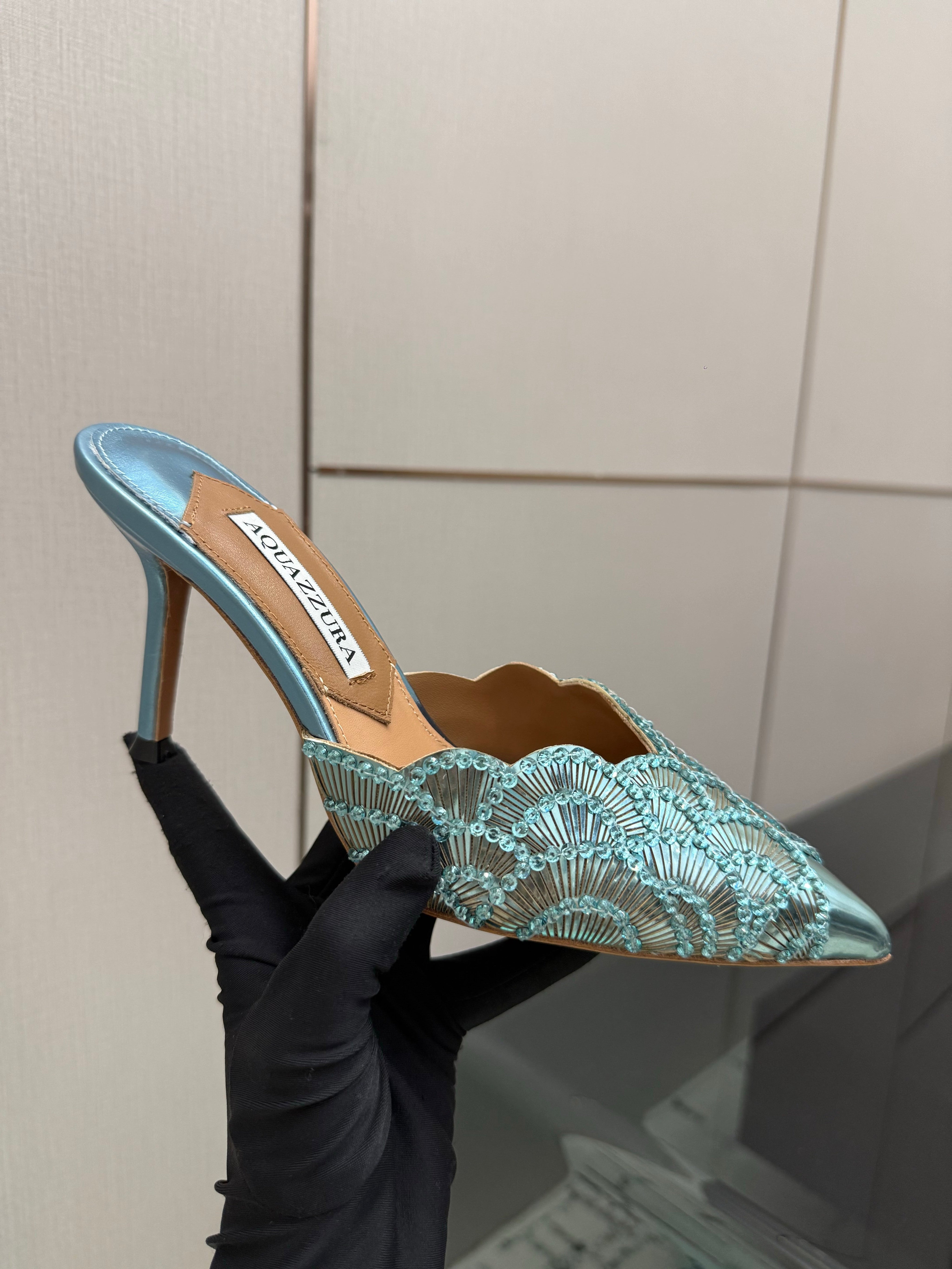 AQUAZZURA 26S HEEL MULES 85 MM IN METALLIC LIGHT BLUE SEQUIN AND CALFSKIN