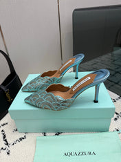 AQUAZZURA 26S HEEL MULES 85 MM IN METALLIC LIGHT BLUE SEQUIN AND CALFSKIN