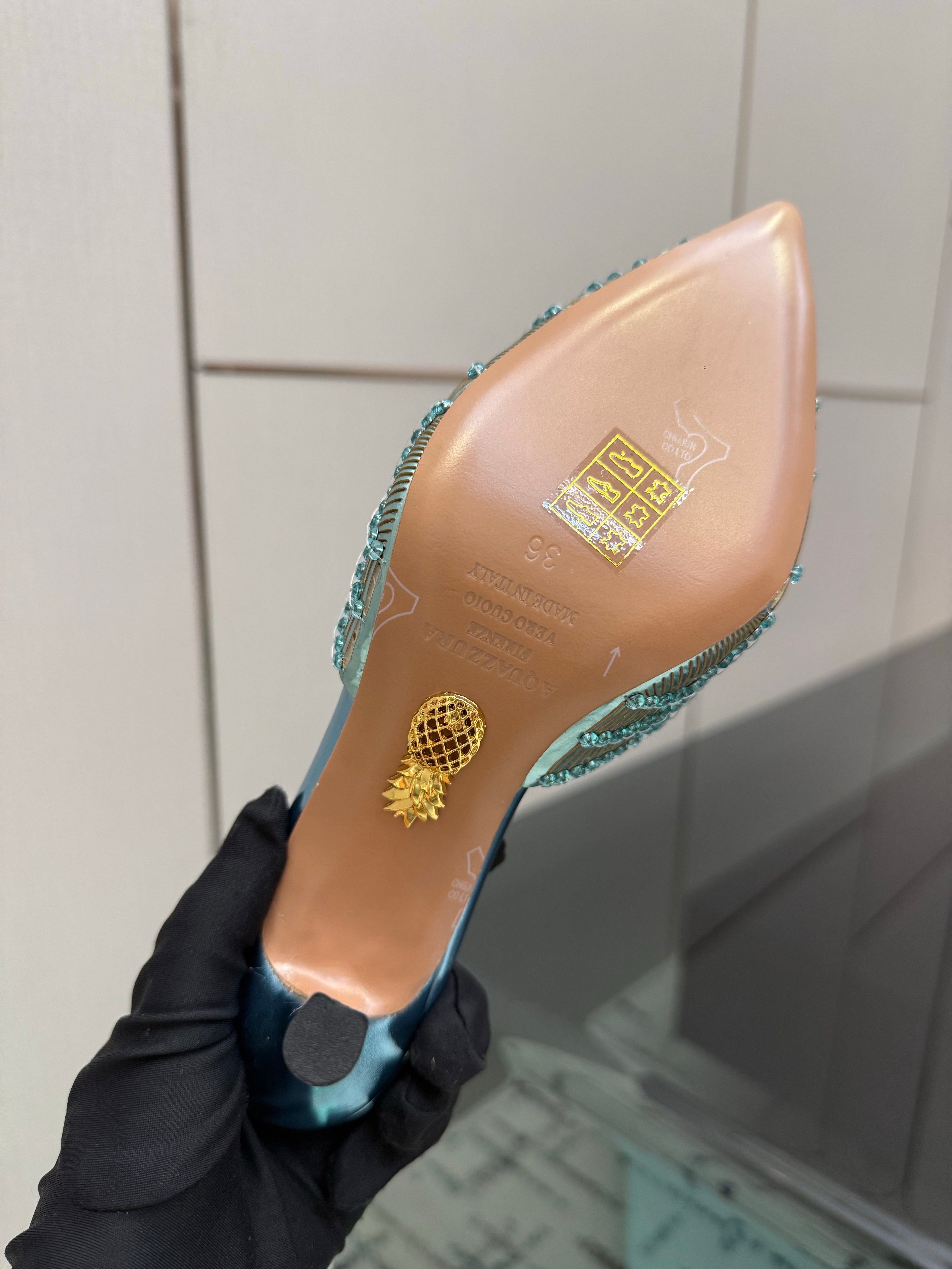 AQUAZZURA 26S HEEL MULES 85 MM IN METALLIC LIGHT BLUE SEQUIN AND CALFSKIN