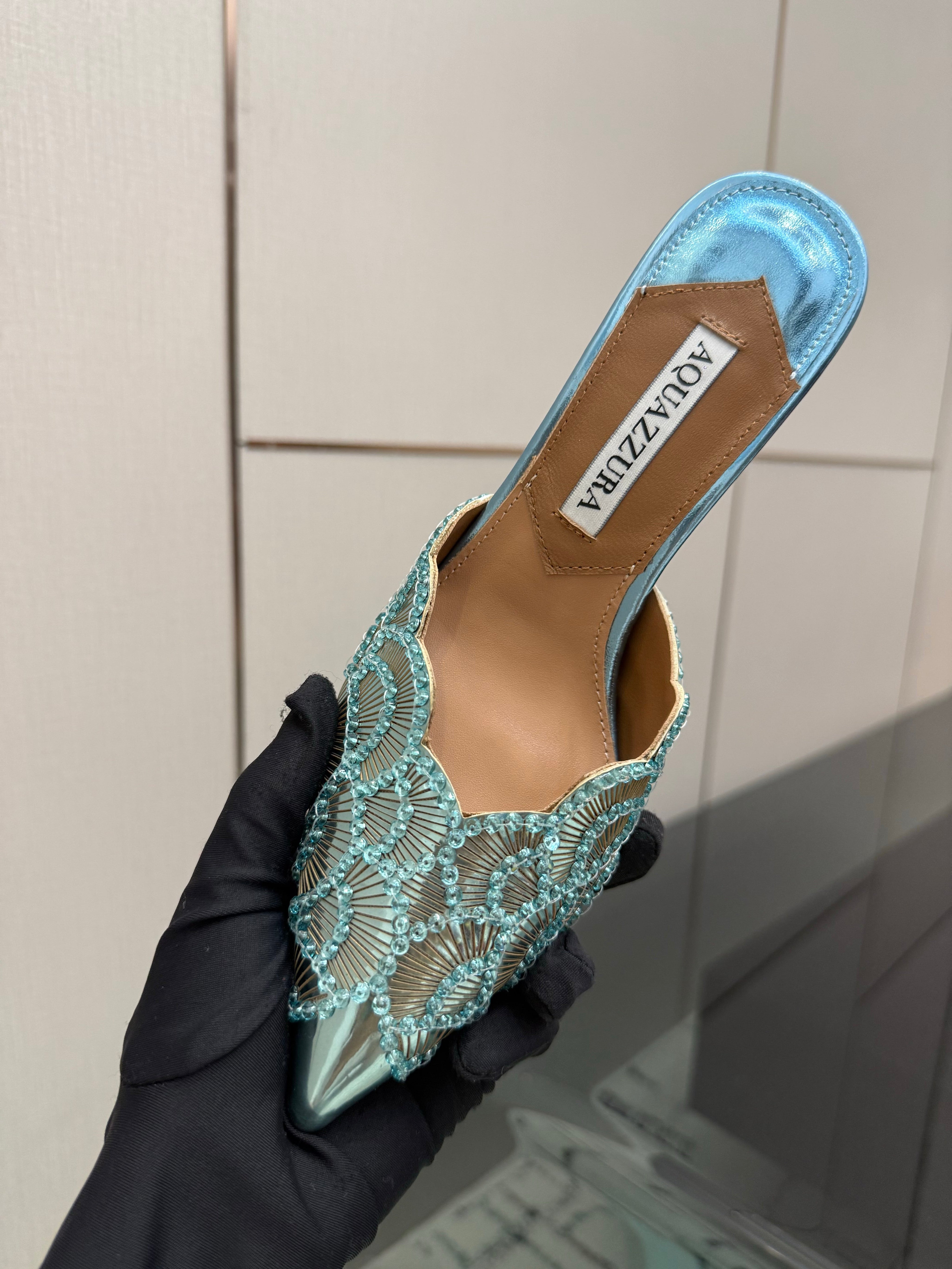 AQUAZZURA 26S HEEL MULES 85 MM IN METALLIC LIGHT BLUE SEQUIN AND CALFSKIN