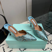 AQUAZZURA 26S HEEL MULES 85 MM IN METALLIC LIGHT BLUE SEQUIN AND CALFSKIN