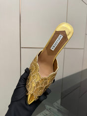 AQUAZZURA 26S HEEL MULES 85 MM IN GOLD SEQUIN AND CALFSKIN