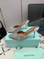 AQUAZZURA 26S HEEL MULES 85 MM IN SILVER SEQUIN AND CALFSKIN