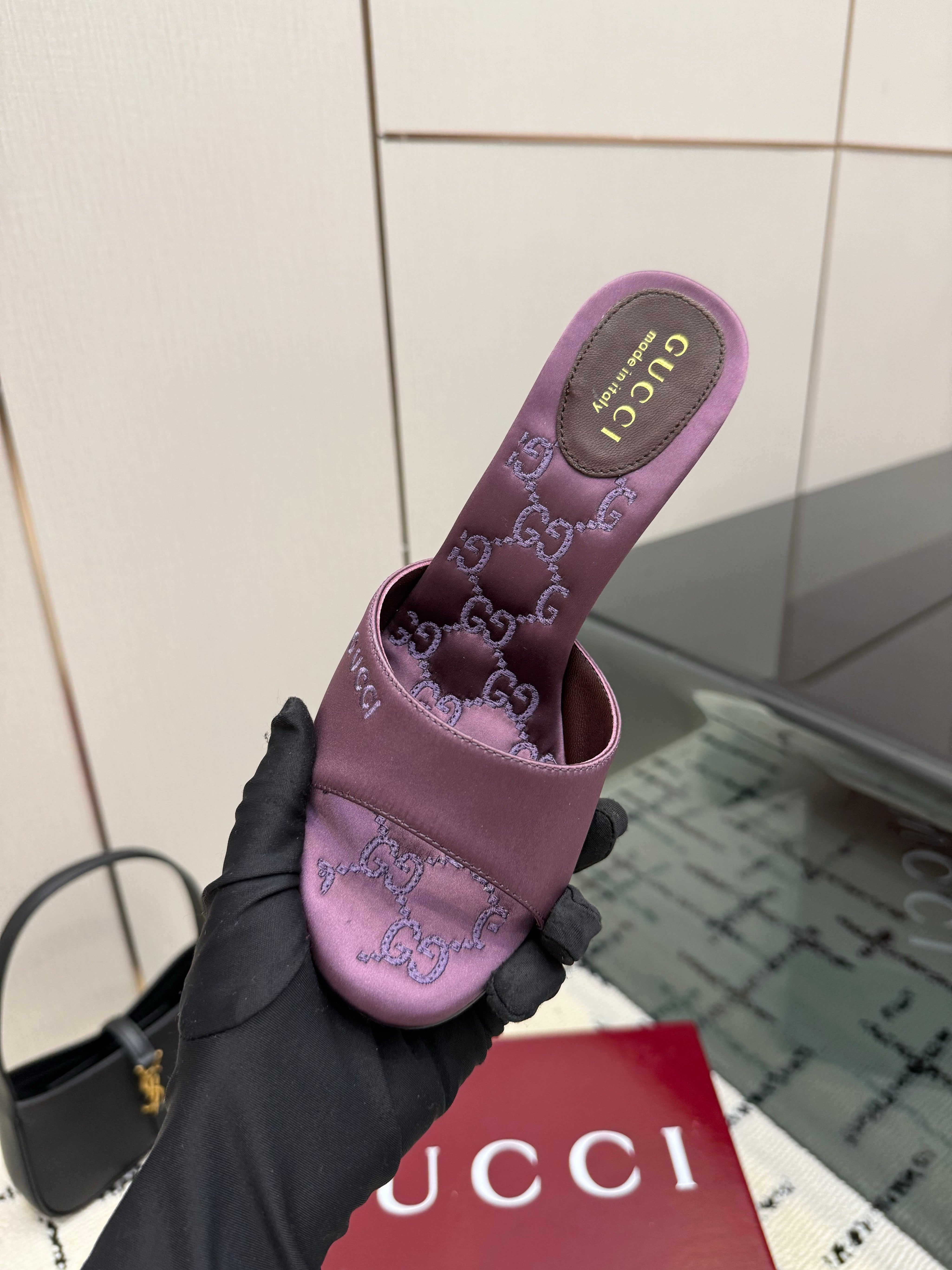 GUCCI 26S CRYSTAL-HEEL SANDALS 100 MM IN DARK PURPLE SATIN