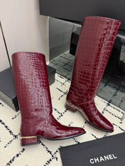 CHANEL 26S TALL BOOTS IN BURGUNDY CALFSKIN CROCODILE EMBOSSED