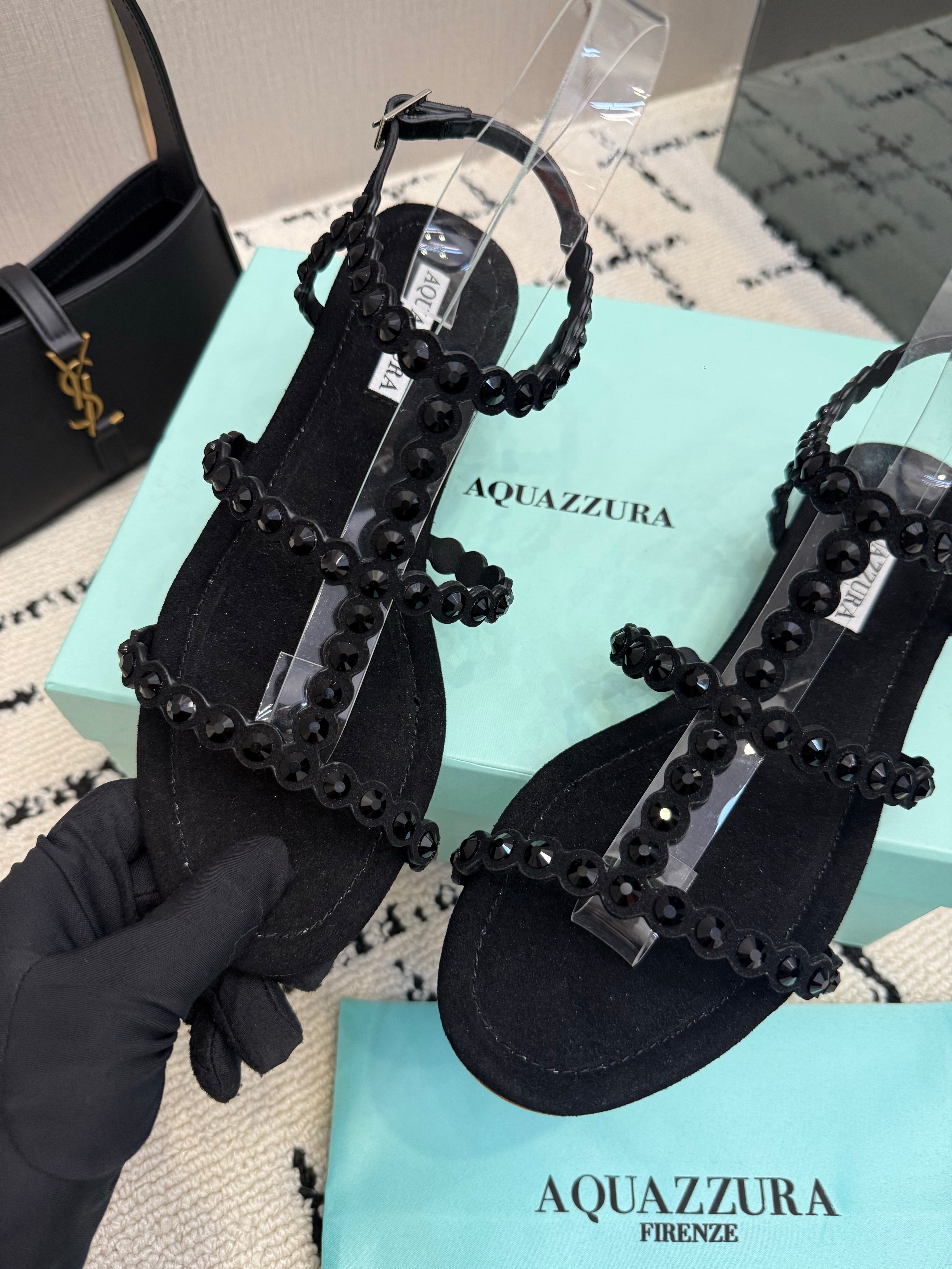 AQUAZZURA 26S FLAT SANDALS IN BLACK SUEDE CRYSTAL-EMBELLISHED