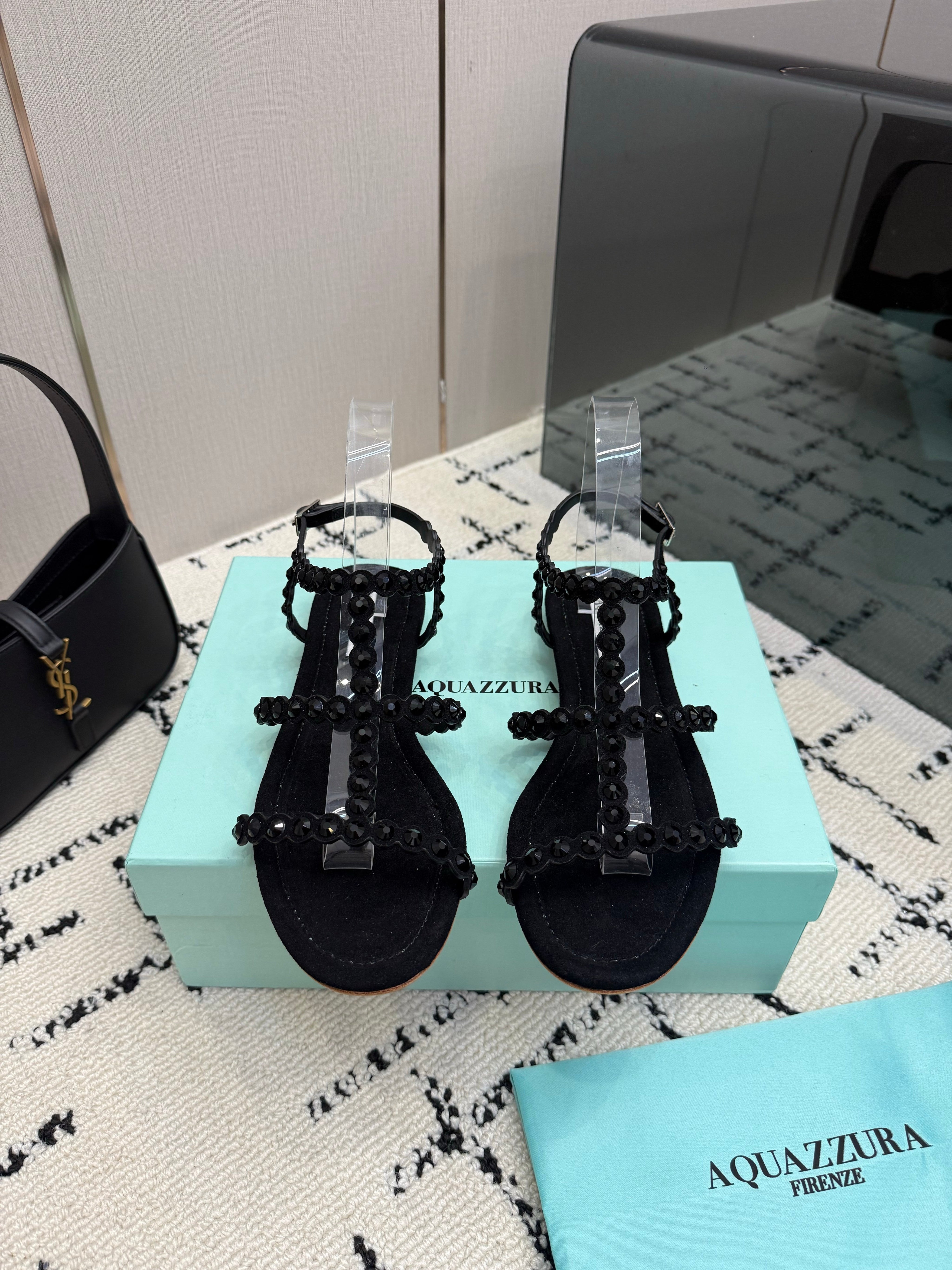 AQUAZZURA 26S FLAT SANDALS IN BLACK SUEDE CRYSTAL-EMBELLISHED